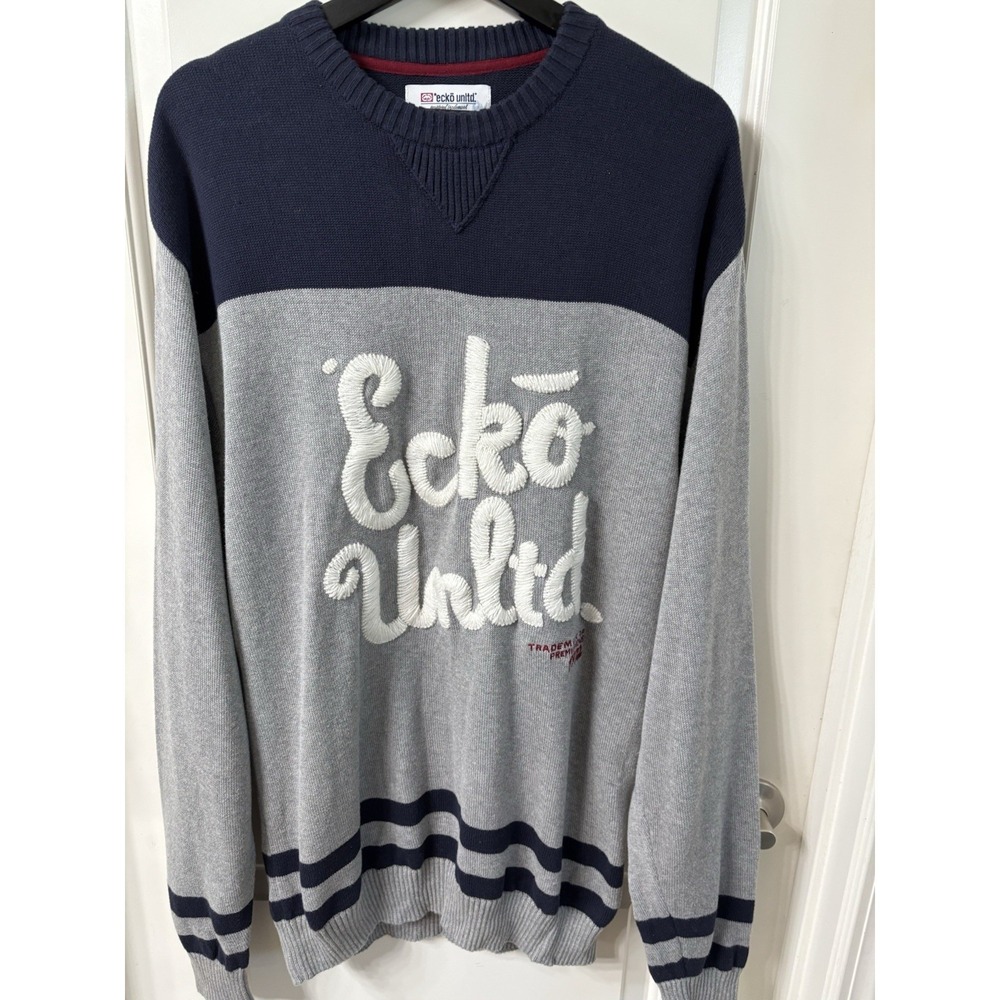Vintage Ecko Unltd Crewneck Sweater Embroidered Y2K Mens LT Rhino Gray Hip-Hop